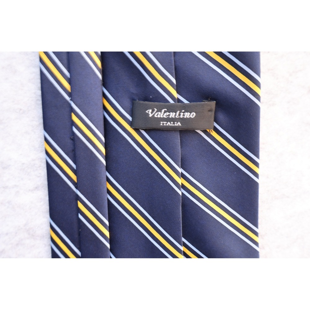 Valentino Italia Mens Silk Necktie Navy Blue Yellow White Striped Made in Italy